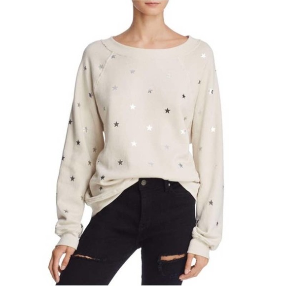 Wildfox Beige Twinkle Foil Star LS Crew Sweater - Picture 1 of 7